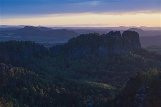 View from Carola Rock over Elbe Sandstone Mountains with Schrammsteine and Koenigstein