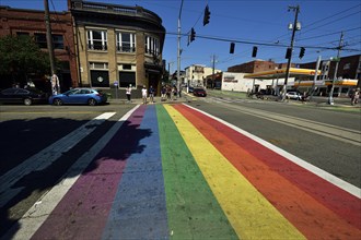 Rainbow-colored pedestrian stripes in Capitol Hill