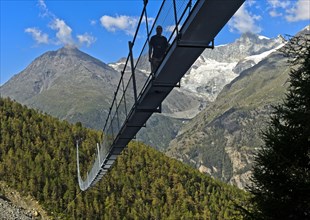 Hikers crossing the Charles Kuonen suspension bridge