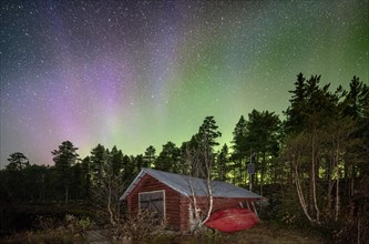 Northern lights above a wooden cabin in a Nordic forest