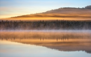 Autumnal fog atmosphere on the lake shore in the evening light