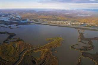 Aerial view of Inuvik on the banks of the Mackenzie River Delta