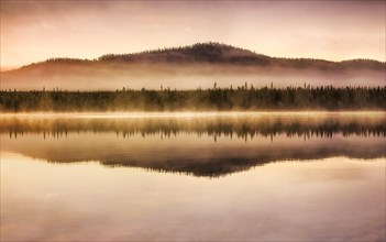 Autumnal fog atmosphere on the lake shore in the evening light