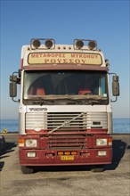 Transportation truck parked on dock in Mykonos new port