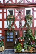 Small historic half-timbered house with painted carvings and flower decorations