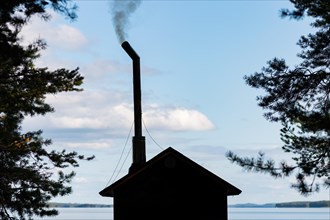 Sauna house with smoking chimney between pines