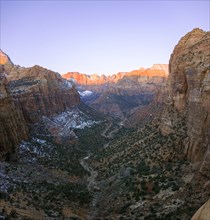 View from Canyon Overlook into Zion Canyon in winter with snow