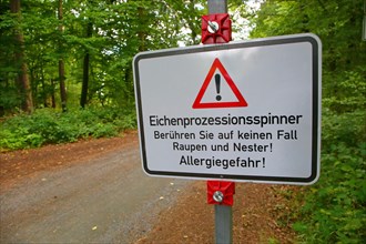 Warning sign on the forest road warns against the oak processionary moth