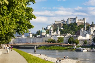 View over the Salzach river from Elisabethkai to the old town and the fortress Hohensalzburg