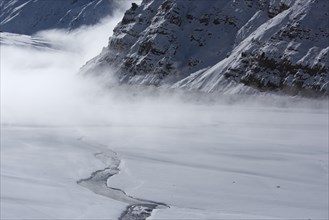 River flowing through snow covered mountains in Spiti