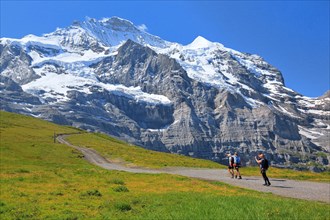 Mountain hikers on Kleine Scheidegg in front of the Jungfrau-Massif