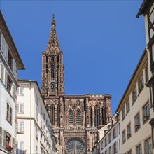 View from the Rue Merciere to the west facade of the Strasbourg Cathedral