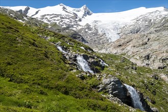 Mountain landscape with glacier Schlatenkees and waterfall