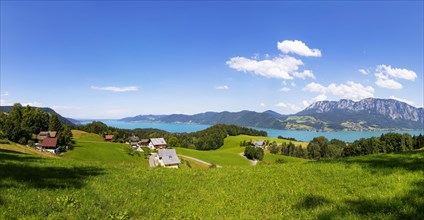Panoramic view over the Attersee with Hoellengebirge