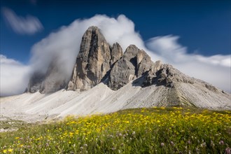 Tre Cime di Lavaredo or Tre Cime di Lavaredo with dragging clouds