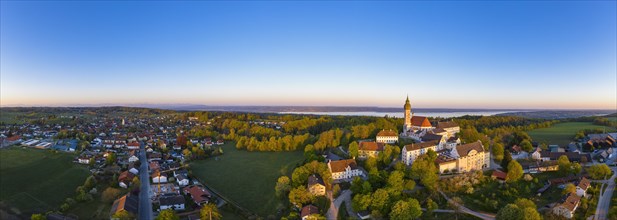 Panorama of the monastery Andechs and village Erling in the morning light