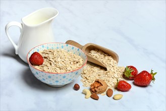 Oat flakes in bowl with strawberries
