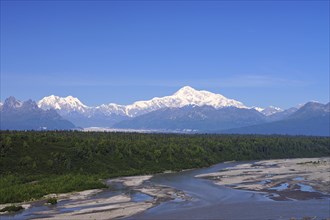 View over Chulitna River to Mount Denali