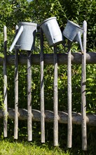 Three watering cans hanging from the wooden garden fence