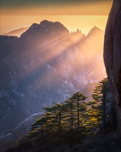 Beautiful sunset in Yellow mountains. Huagshan mountains is famous with rocky mountains and pine trees. Anhui province