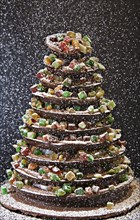 Icing sugar falls on traditional Christmas chocolate tree with fruits