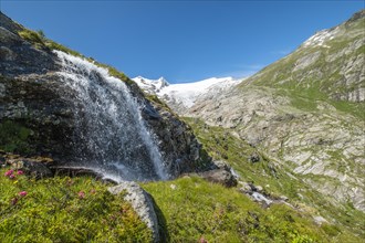 Mountain landscape with glacier Schlatenkees and waterfall