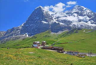 Kleine Scheidegg with mountain railway station in front of the Eiger and Moench