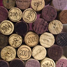 Wine corks from different vintages of French wine