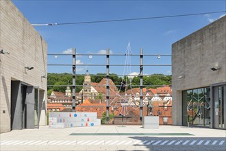 View from Kunsthalle Wuerth to the old town with St. Michael's Church