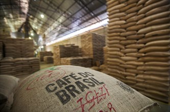 Coffee sacks ready to export at the Coffee plantation processing plant in Carmo de Minas