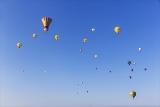 Various hot air balloons in front of a blue sky