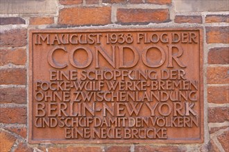 Commemorative plaque to the Condor record flight 1938 from Berlin to New York