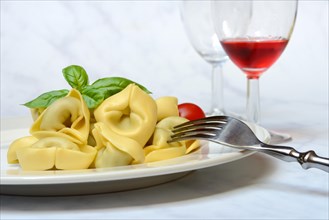 Tortelloni on plate with fork and glass of wine