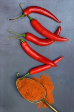 Chili powder in spoon and chilli peppers
