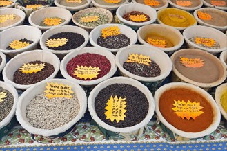 Various types of pepper at the weekly market in Apt