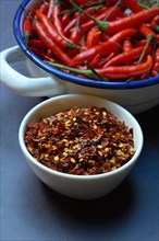 Chili flakes in shell and chilli peppers