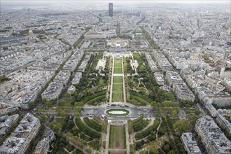 City view of Paris from the top of the Eiffel Tower with view of Champ de Mars