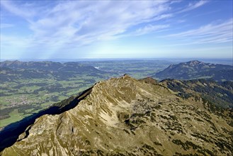 Panoramic view from the Nebelhorn summit over the Allgaeu region in direction to Kempten