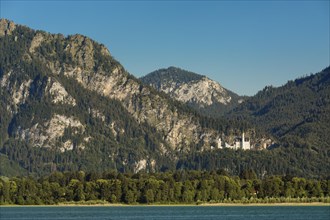 View over the Forgensee to Neuschwanstein Castle and the Tannheimer Mountains