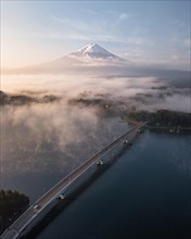 Aerial view from the road over Lake Kawaguchiko to sunrise