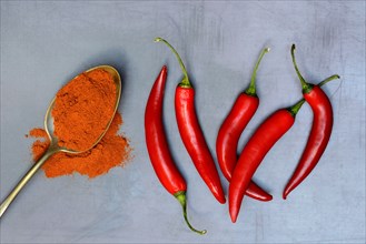 Chili powder in spoon and chilli peppers