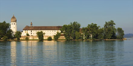 Fraueninsel in Chiemsee with Frauenwoeth Monastery at sunset