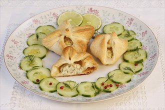 Trout cream in puff pastry with cucumbers and slices of lime on plates