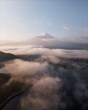 Aerial view of Lake Kawaguchiko at sunrise