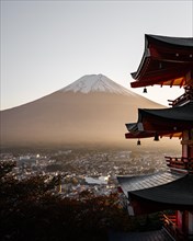 Chureito pagoda with Mount Fuji at sunset