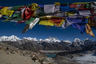 View with Buddhist prayer flags from Renjo La Pass 5417m to the east to Himalaya with Pumori