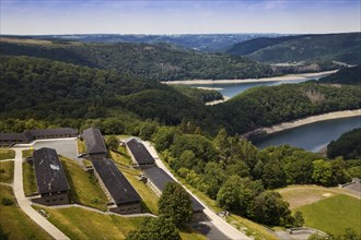 Aerial view with the former NS-Ordensburg Vogelsang and the Eifel National Park with the Urft Reservoir