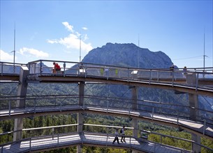Observation tower at the tree top path Salzkammergut am Gruenberg with Traunstein