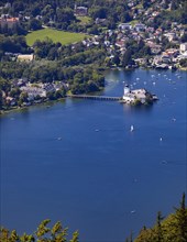 View from the treetop path at Gruenberg to Lake Traun Castle Ort and Gmunden
