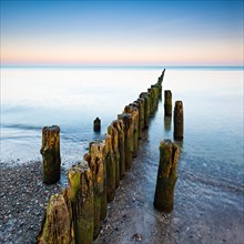 Old groyne on the beach of the Baltic Sea at dawn